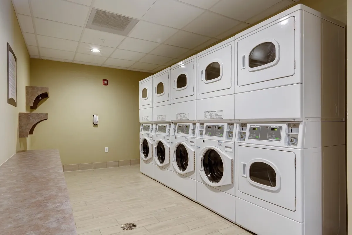A well-organized laundry area equipped with modern washing machines, a spacious countertop for folding, and tasteful wall decor. The setting is clean, practical, and user-friendly, suggesting convenience for guests who need to do laundry during their stay.